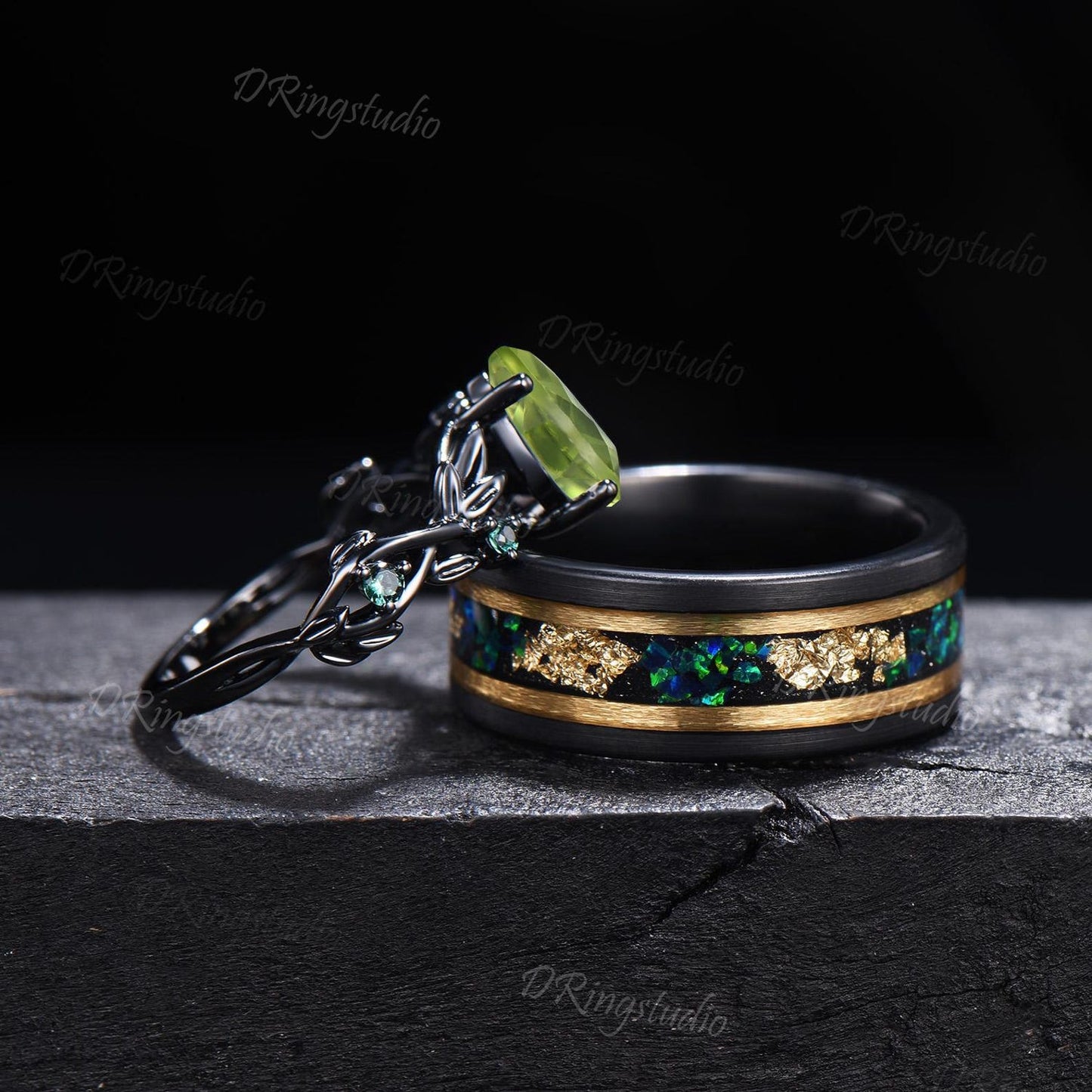 2pcs Pear Peridot Emerald Couple Rings Set Nature Inspired Black Gold Wedding Ring Tungsten Ring His and Hers Wedding Band Anniversary Gift