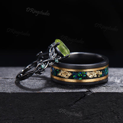 2pcs Pear Peridot Emerald Couple Rings Set Nature Inspired Black Gold Wedding Ring Tungsten Ring His and Hers Wedding Band Anniversary Gift