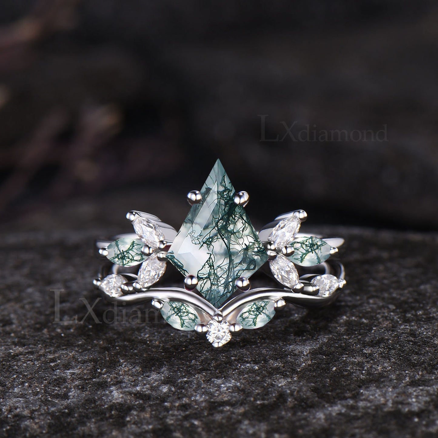 Kite Cut Green Moss Agate Engagement Ring Set Unique Marquise Natural Green Gemstone Cluster Ring 925 Sterling Silver 2pcs Bridal Ring Set