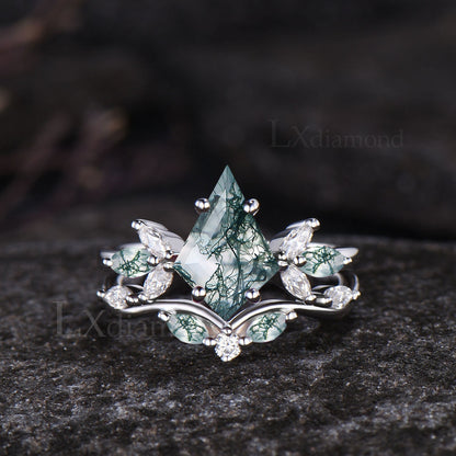 Kite Cut Green Moss Agate Engagement Ring Set Unique Marquise Natural Green Gemstone Cluster Ring 925 Sterling Silver 2pcs Bridal Ring Set
