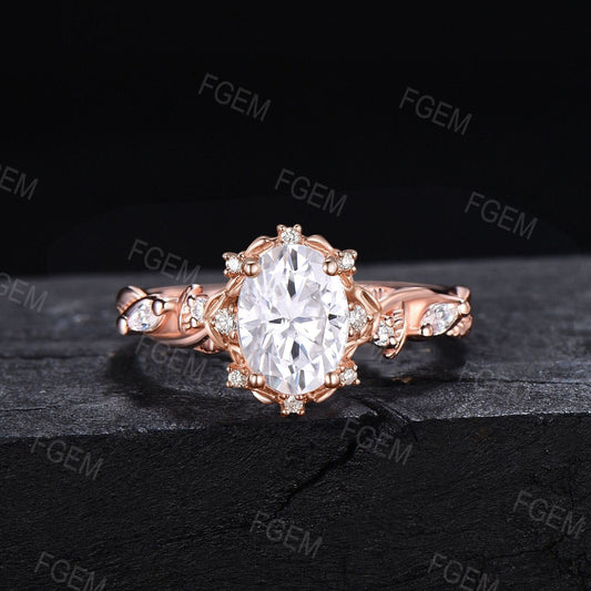 1.5ct Oval Nature Inspired Moissanite Engagement Ring Halo Vine Moissanite Diamond Ring Twist Twig Leaf Band Unique Promise Anniversary Gift