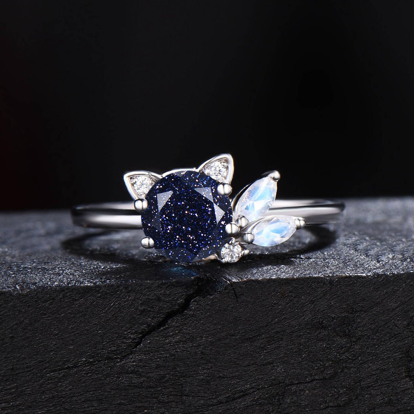 Cat Engagement Ring 1ct Starry Sky Blue Sandstone Ring Marquise Moonstone Cluster Wedding Ring Kitten Blue Goldstone Ring Gift for Cat Lover