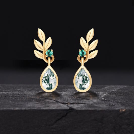 Olive Leaf Drop Earrings Teardrop Moss Agate Earrings Dainty Gold Olive Branch Emerald Dangle Earrings Green Gemstone Earring Valentine Gift