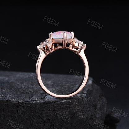 Cat Shaped Engagement Ring 7mm Round White Opal Wedding Ring Rose Gold Kitten Moonstone Ring October Birthstone Jewelry Gift For Daughter