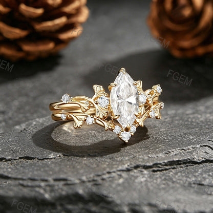 1CT Marquise Cut Moissanite Ginkgo Leaf Promise Ring Set Nature-Inspired Moissanite Engagement Ring For Women
