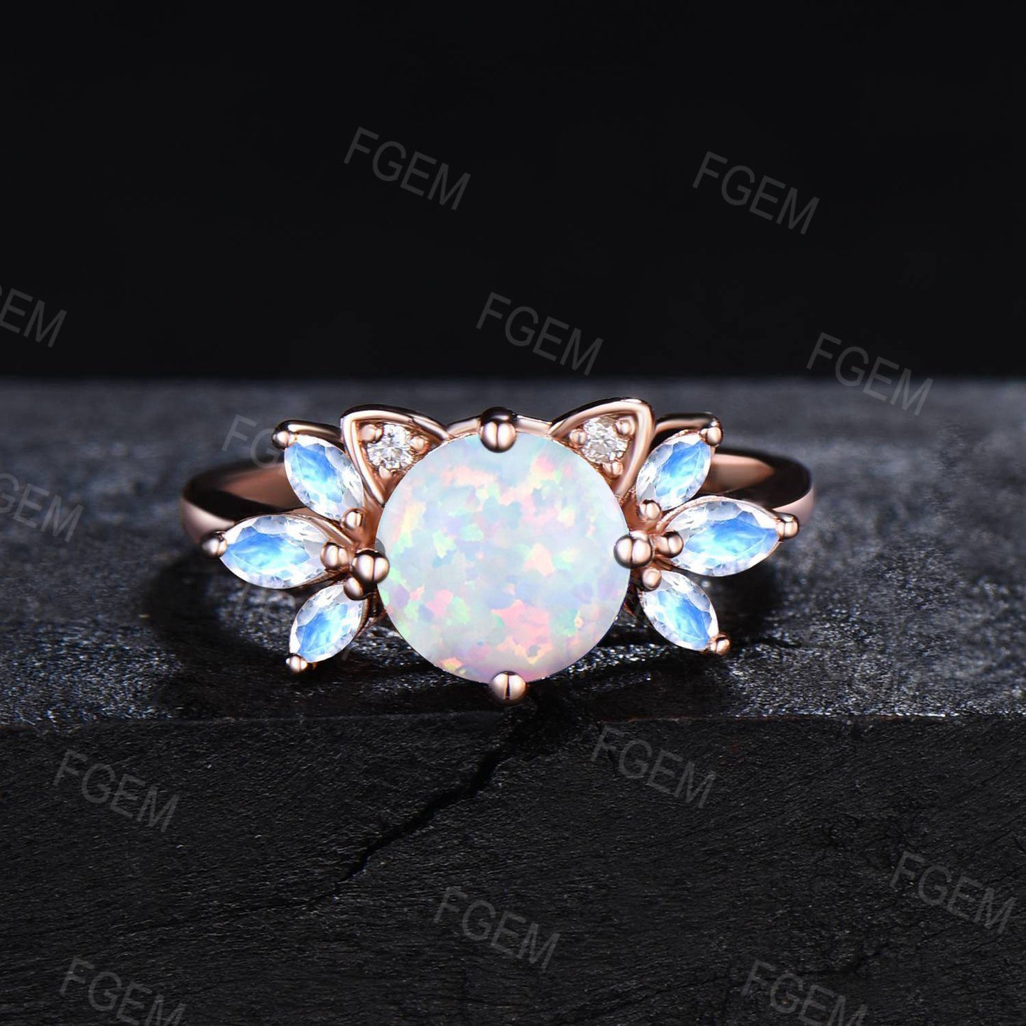 Cat Shaped Engagement Ring 7mm Round White Opal Wedding Ring Rose Gold Kitten Moonstone Ring October Birthstone Jewelry Gift For Daughter