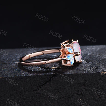 Cat Shaped Engagement Ring 7mm Round White Opal Wedding Ring Rose Gold Kitten Moonstone Ring October Birthstone Jewelry Gift For Daughter