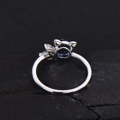 Cat Engagement Ring 1ct Starry Sky Blue Sandstone Ring Marquise Moonstone Cluster Wedding Ring Kitten Blue Goldstone Ring Gift for Cat Lover