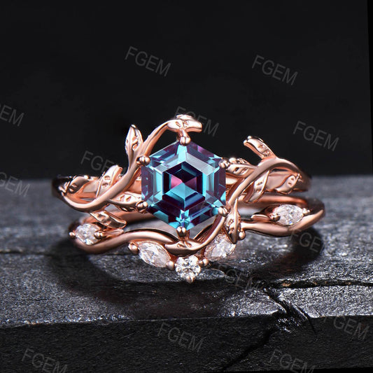 Nature Inspired Alexandrite Ring Set 1ct Hexagon Cut Color-Change Alexandrite Engagement Ring Leaf Branch Moissanite Bridal Set Wedding Gift