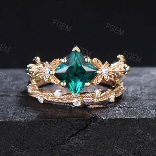 Vintage Princess Cut Green Emerald Butterfly Bridal Ring Set 14k Yellow Gold Filigree Butterfly Ring Unique May Birthstone Jewelry