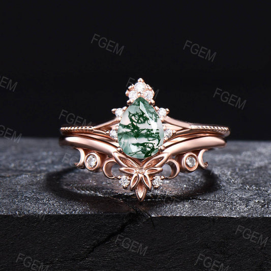 Pear Cut Natural Moss Agate Bridal Set Crescent Moon Curved Vintage Moissanite Split Wedding Ring Set Unique Anniversary Gifts for Women