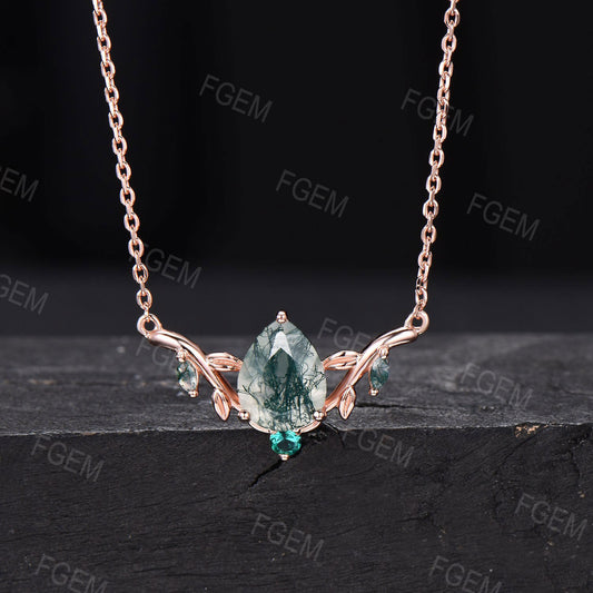 Teardrop Natural Moss Agate Necklace 14k/18k White Gold Necklace Vintage Leaf Vine Emerald Pendant Marquise Green Moss Necklace Women Gifts