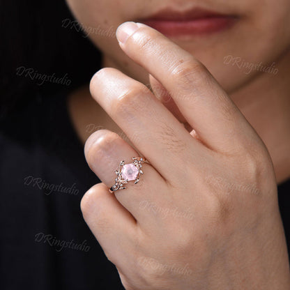 Branch Leaf Ring Celtic Natural Rose Quartz Engagement Ring Trinity Knot Hexagon Rose Quartz Wedding Ring Pink Crystal Ring Anniversary Gift