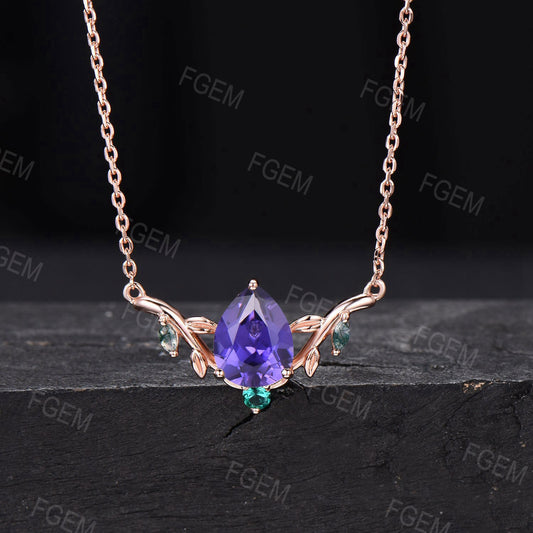 14k Rose Gold Leaf Wedding Necklace Vintage Teardrop Purple Sapphire Necklace Nature Inspired Olive Leaf Branch Necklace Anniversary Jewelry
