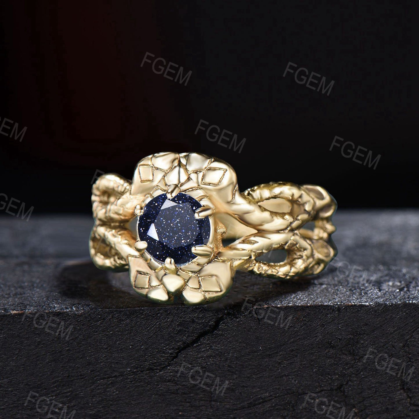 Gold Serpent Ring Round Galaxy Blue Sandstone Engagement Ring Starry Sky Goldstone Solitaire Wedding Ring Dainty Snake Ring Anniversary Gift