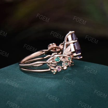 Kite Cut Engagement Ring Color-Change Alexandrite Wedding Ring Set Nature Inspired Alexandrite Leaf Branch Ring Emerald Amethyst Vine Band