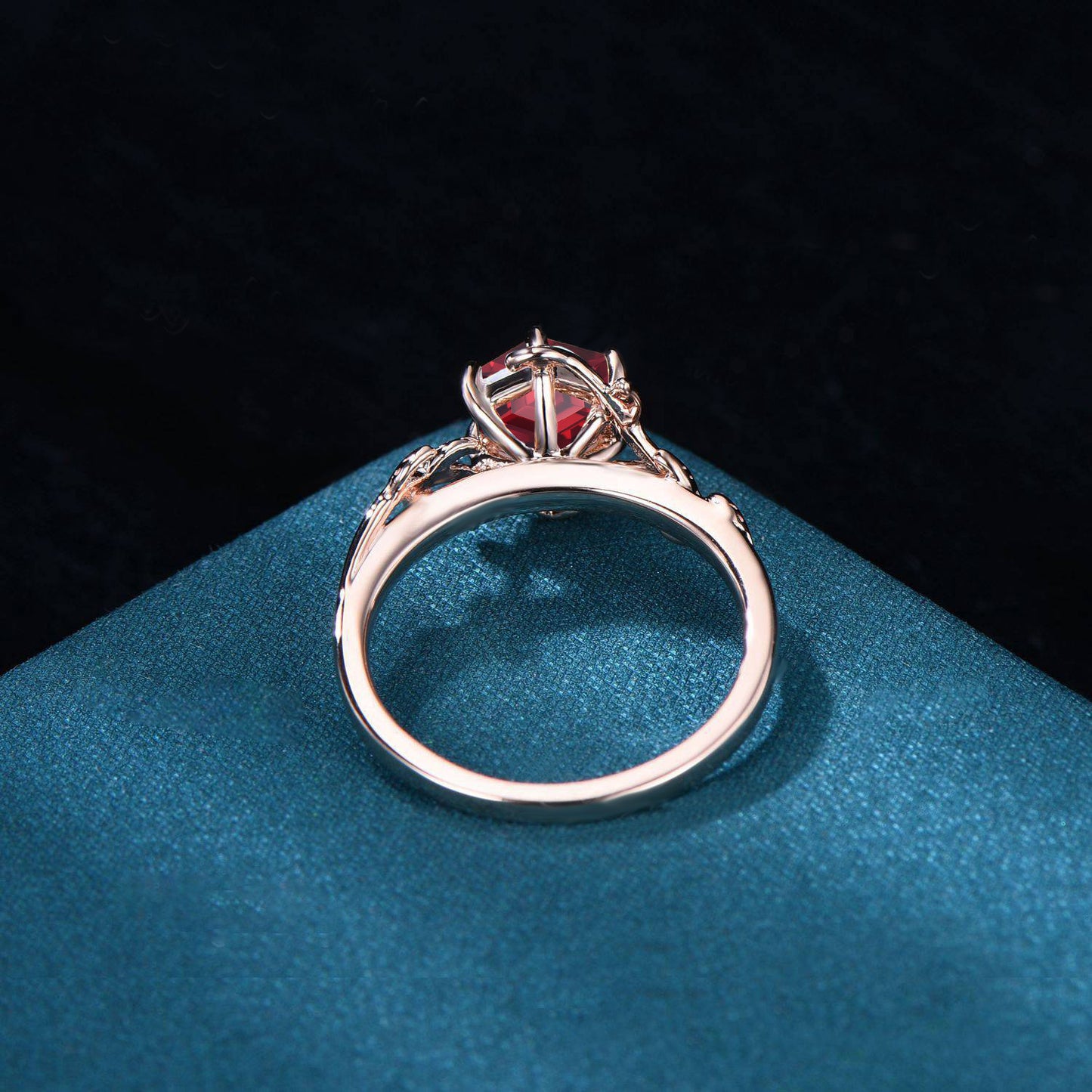 Hexagon Cut Ruby Engagement Ring Rose Gold Celtic Wedding Ring Branch Leaf Ruby Ring Red Gemstone Ring July Birthstone Proposal Women Gifts