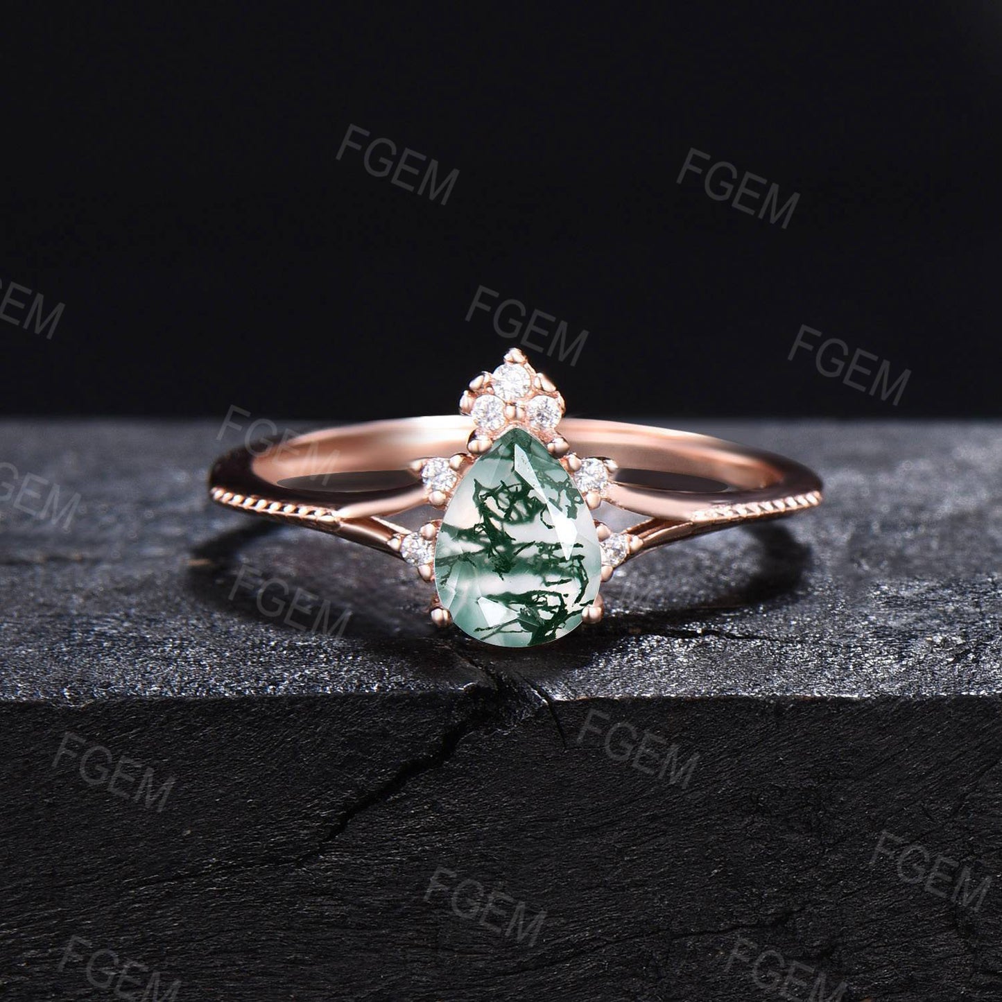 Pear Cut Natural Moss Agate Bridal Set Crescent Moon Curved Vintage Moissanite Split Wedding Ring Set Unique Anniversary Gifts for Women