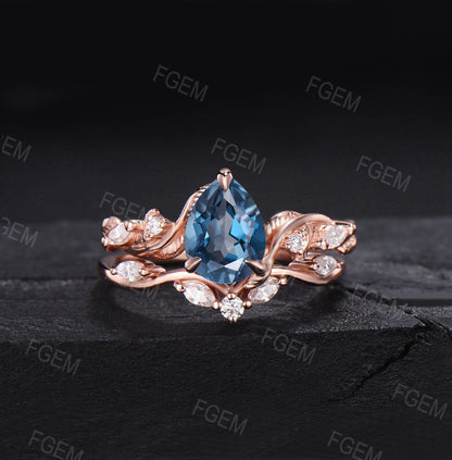 Unique 1.25ct Pear Shaped Leaf Natural London Blue Topaz Bridal Ring Set December Birthstone Wedding Ring Nature Inspired Engagement Rings