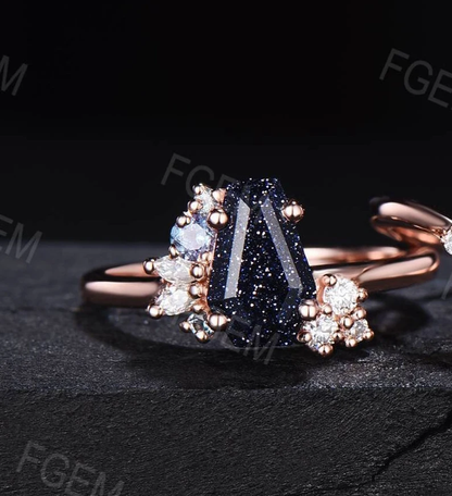 Coffin Moonstone Ring Set 10K Rose Gold Galaxy Blue Sandstone Ring Alexandrite Moissanite Cluster Ring Proposal Gift Outer Space Nebula Ring