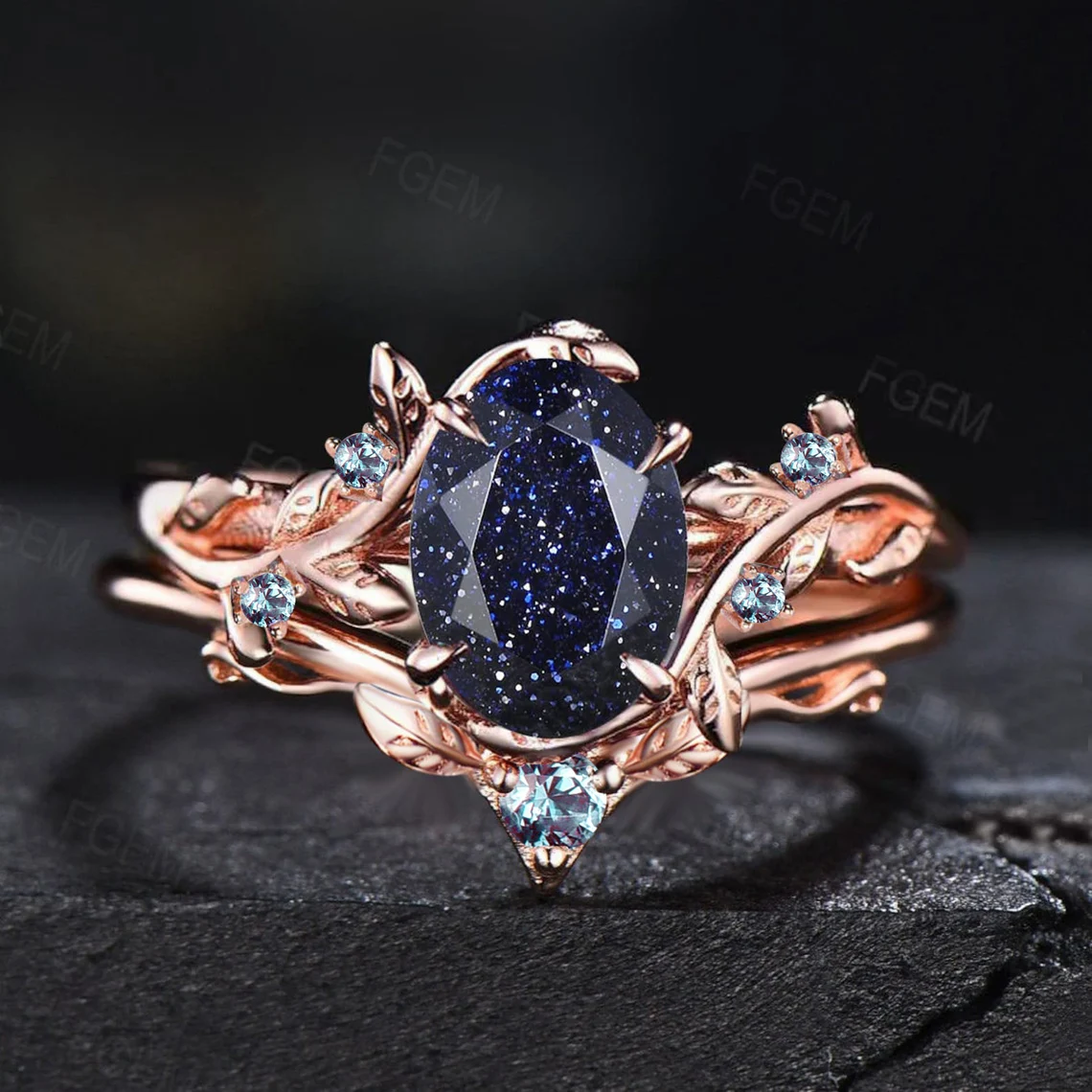 Nature Inspired Starry Sky Galaxy Blue Sandstone Engagement Ring Set Branch Leaf Wedding Band Cluster Black Ring Blue Goldstone Bridal Set