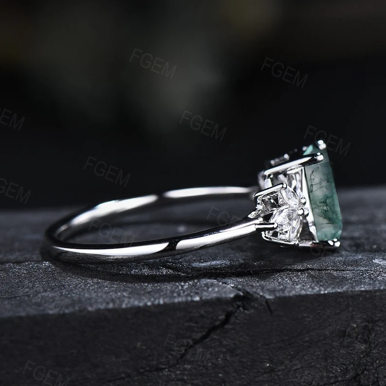 Emerald Cut Natural Moss Agate Ring Sterling Silver Cluster Promise Ring Green Crystal Ring Statement Ring for Women Proposal Birthday Gift