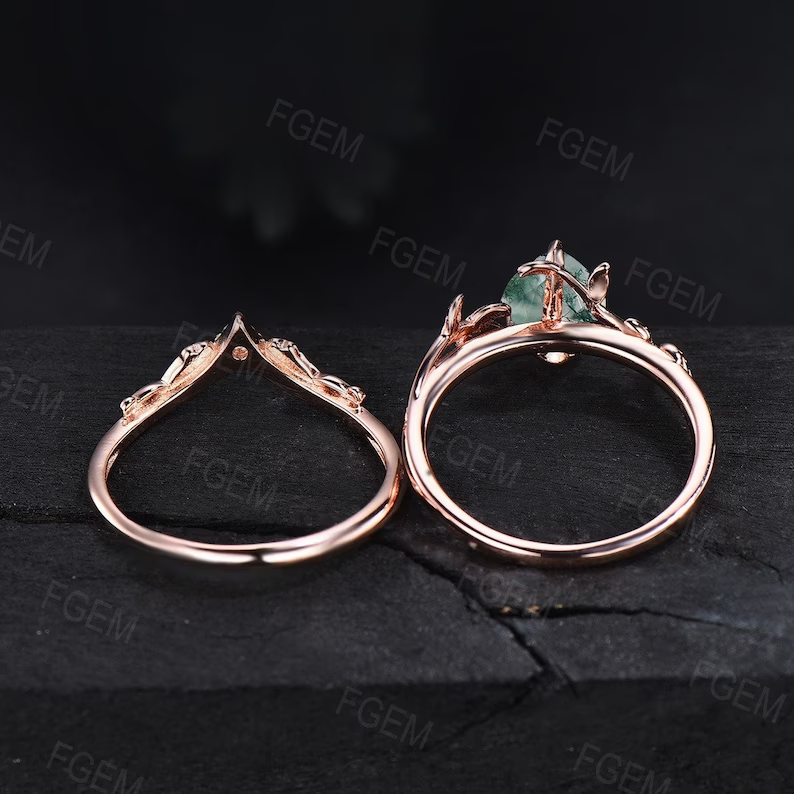 Pear Shape Natural Moss Agate Bridal Set Leaf Engagement Ring Rose Gold Vintage Unique Solitaire Rings Leaves Wedding Band Anniversary Gift