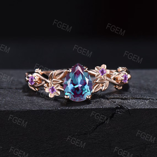 1.25ct Twig Vine Branch Nature Inspired Teardrop Alexandrite Engagement Ring Rose Flower Floral Amethyst Rings Unique June Birthstone Gifts