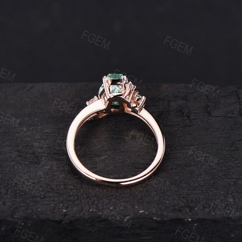Coffin Ring Rose Gold Natural Moss Agate Engagement Ring Emerald Moissanite Ring Unique Hexagon Cluster Engagement Ring Wedding Promise Gift