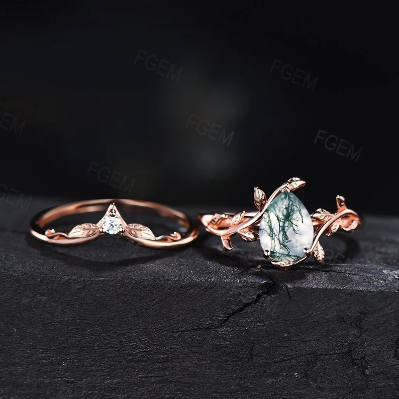 Pear Shape Natural Moss Agate Engagement Ring Set Rose Gold Vintage Branch Design Solitaire Rings Unique Leaf Wedding Ring Anniversary Gift