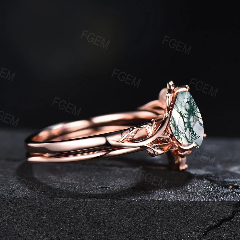 Pear Shape Natural Moss Agate Engagement Ring Set Rose Gold Vintage Branch Design Solitaire Rings Unique Leaf Wedding Ring Anniversary Gift