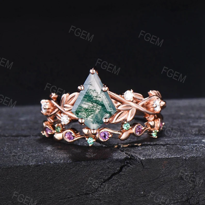 Kite Cut Natural Moss Agate Leaf Wedding Rings Set Vintage 10K/14K/18K Rose Gold Nature Inspired Engagement Ring Twig Branch Wedding Band