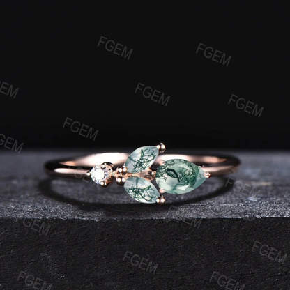 Unique Minimalist Pear Shaped Natural Moss Agate Promise Ring Rose Flower Moss Agate Moissanite Ring Green Moss Wedding Ring Birthday Gifts
