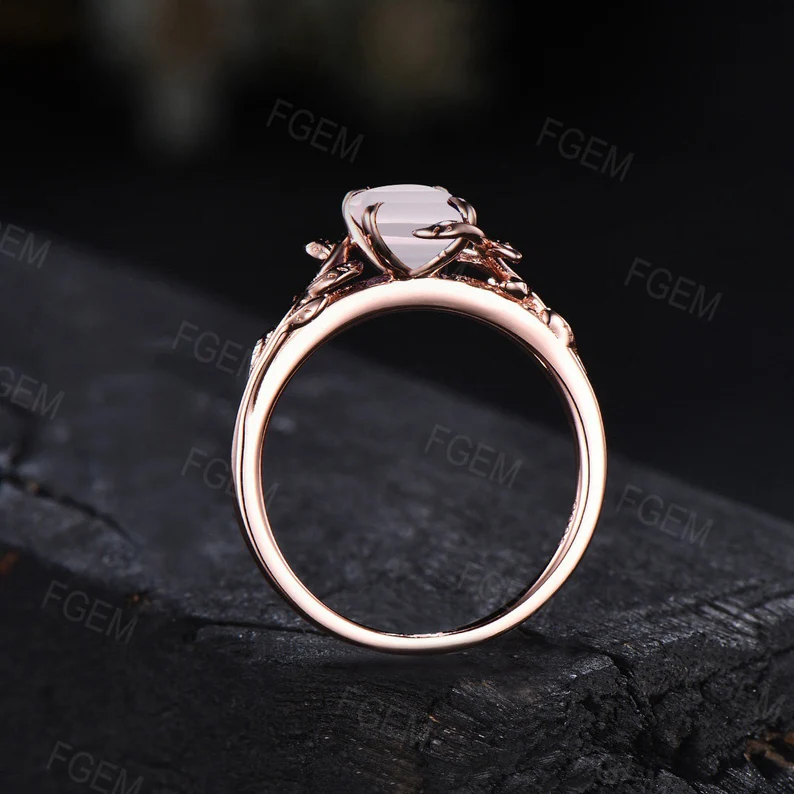Natural Rose Quartz Ring Leaf Engagement Rings Unique Solitaire Ring Long Hexagon Wedding Ring Pink Crystal Gemstone Jewelry Gift for Couple