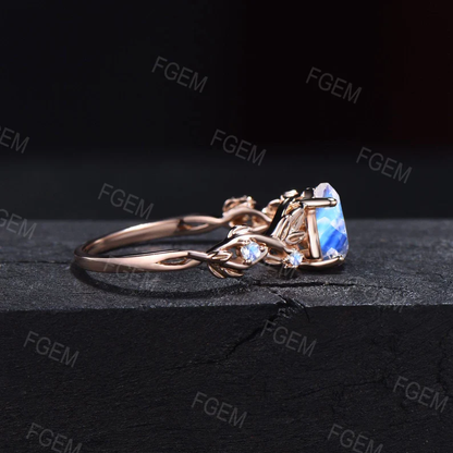 1.25ct Teardrop Natural Rainbow Moonstone Engagement Ring 10K Rose Gold Twist Branch Cluster Moonstone Leaf Wedding Ring Promise Gift Women