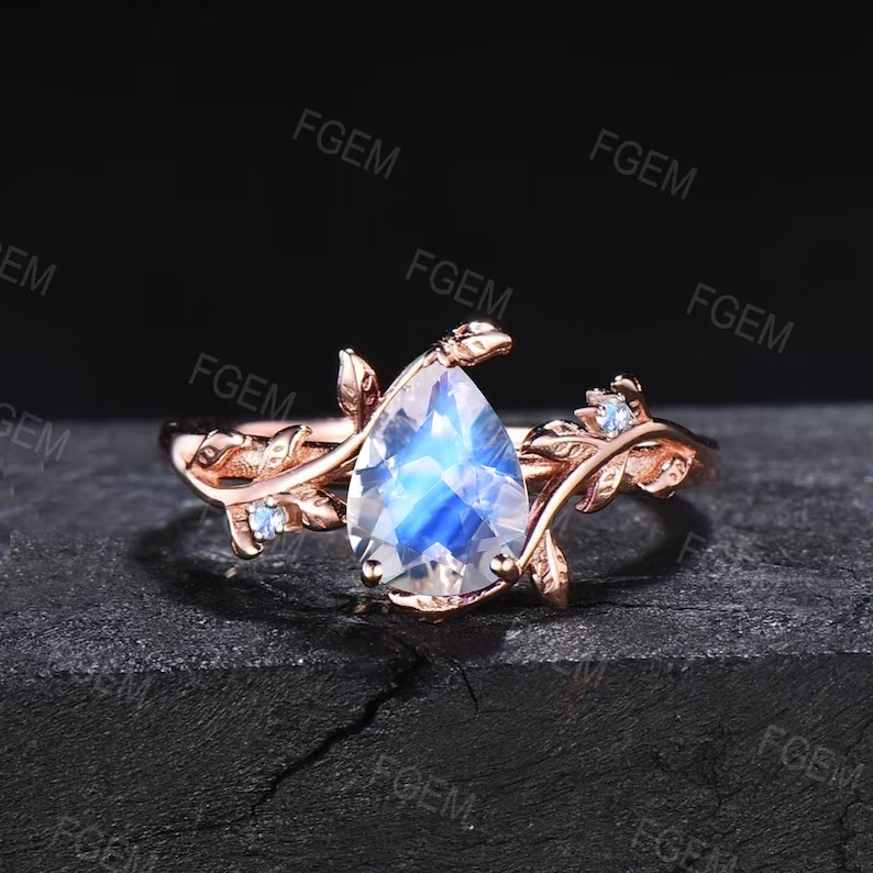 1.25ct Teardrop Rainbow Moonstone Engagement Ring Branch Natural Moonstone Bridal Set Unique 14K Rose Gold Nature Wedding Ring Proposal Gift