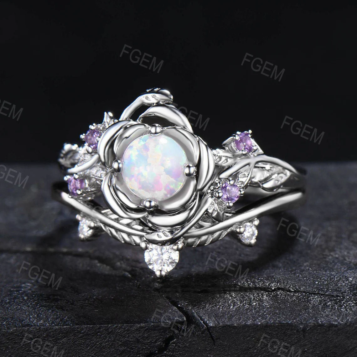 Rose Flower Opal Engagement Ring Set 5mm Round Cut White Opal Floral Wedding Ring Nature Inspired Leaf Amethyst Ring October Birthstone Gift