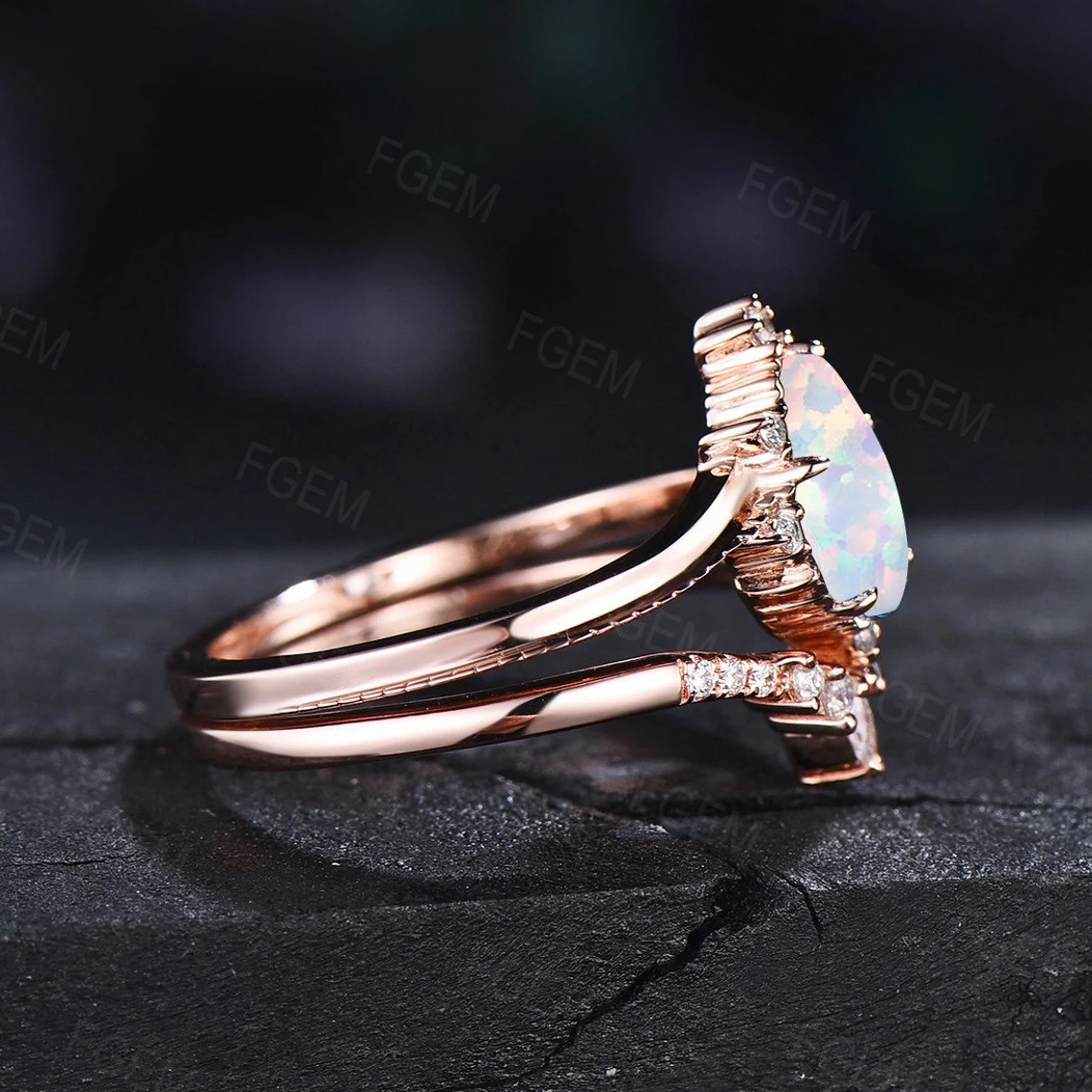 Pear Shaped Opal Engagement Ring Set Unique Sterling Silver Curve