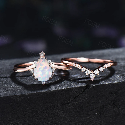 Pear Shaped Opal Engagement Ring Set Unique Sterling Silver Curve Matching Wedding Band Anniversary Gift Lace Milgrain Opal Bridal Ring Set
