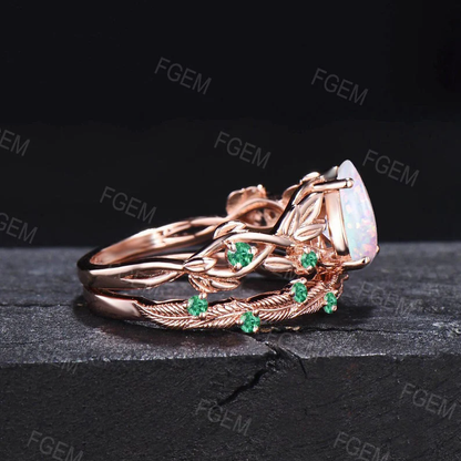 Nature Inspired White Opal Engagement Ring Set Vintage 1.25ct Pear Shaped Unique Branch Leaf Solitaire Ring Green Emerald Wedding Ring Set