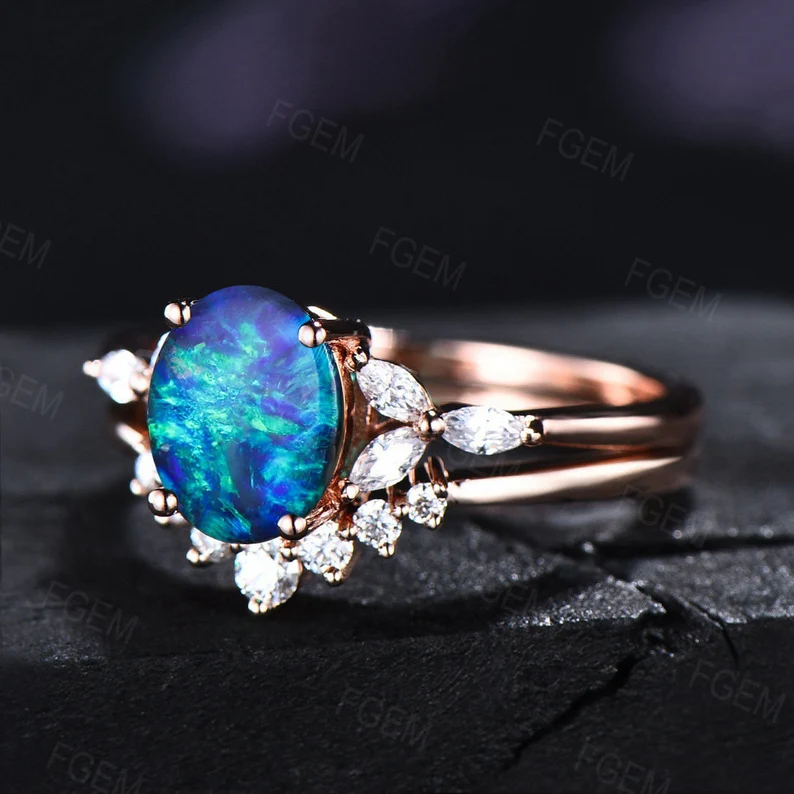 Sterling Silver Blue Opal Engagement Ring Set Vintage Oval Opal Bridal Set Blue Gemstone Opal Jewelry Unique Handmade Promise Ring for Women