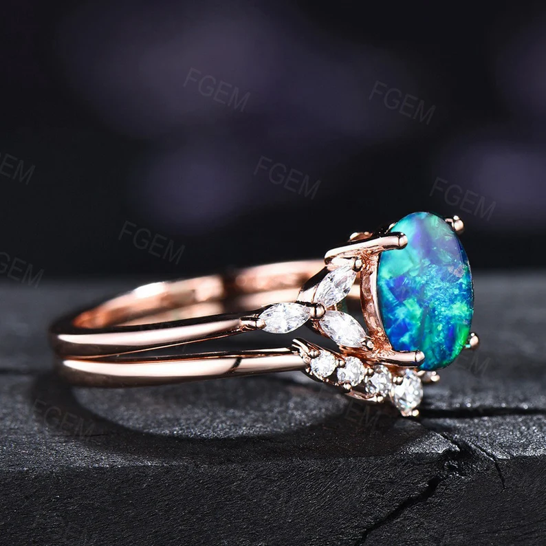 Sterling Silver Blue Opal Engagement Ring Set Vintage Oval Opal Bridal Set Blue Gemstone Opal Jewelry Unique Handmade Promise Ring for Women