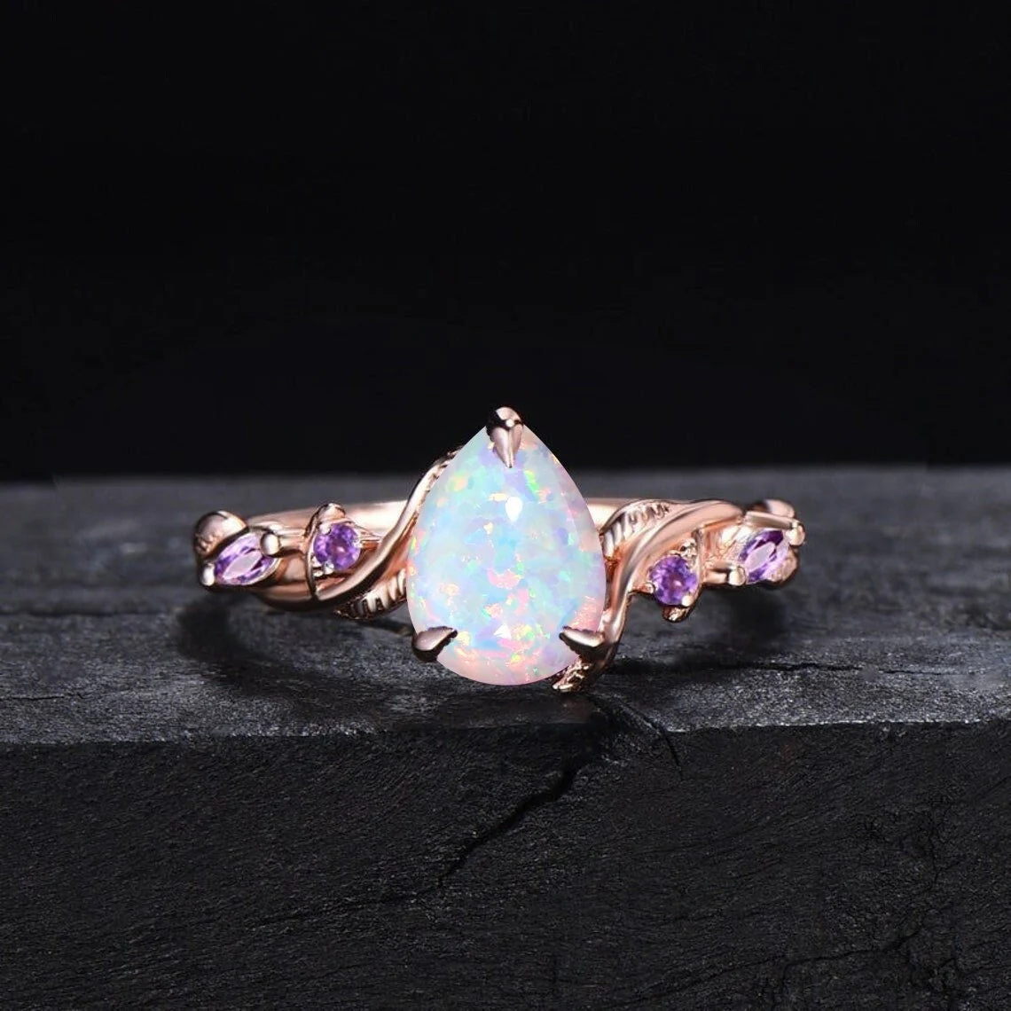 October Birthstone Engagement Ring Set 1.25ct Pear Shaped Nature Inspired Twist White Opal Bridal Set Marquise Natural Amethyst Wedding Ring
