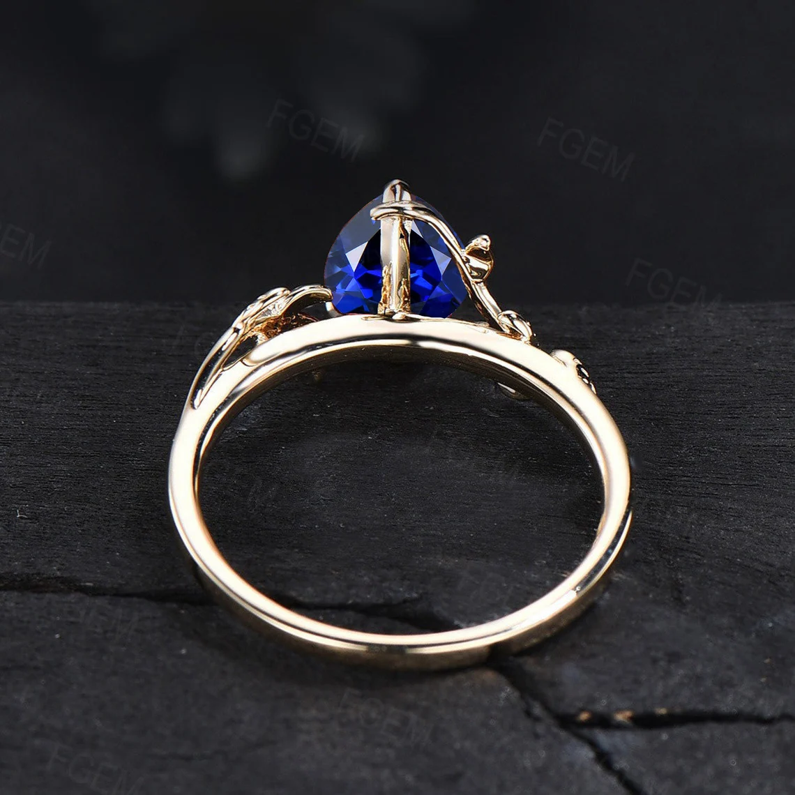 Yellow Gold Blue Sapphire Nature Engagement Ring Vintage 1.25ct Pear Blue Sapphire Wedding Ring September Birthstone Gemstone Jewelry Gifts
