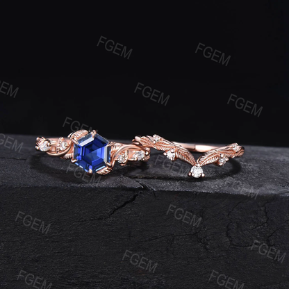 Unique Blue Sapphire Engagement Ring Set 14K Rose Gold Hexagon Nature Inspired Blue Sapphire Ring Handmade September Birthstone Jewelry Gift