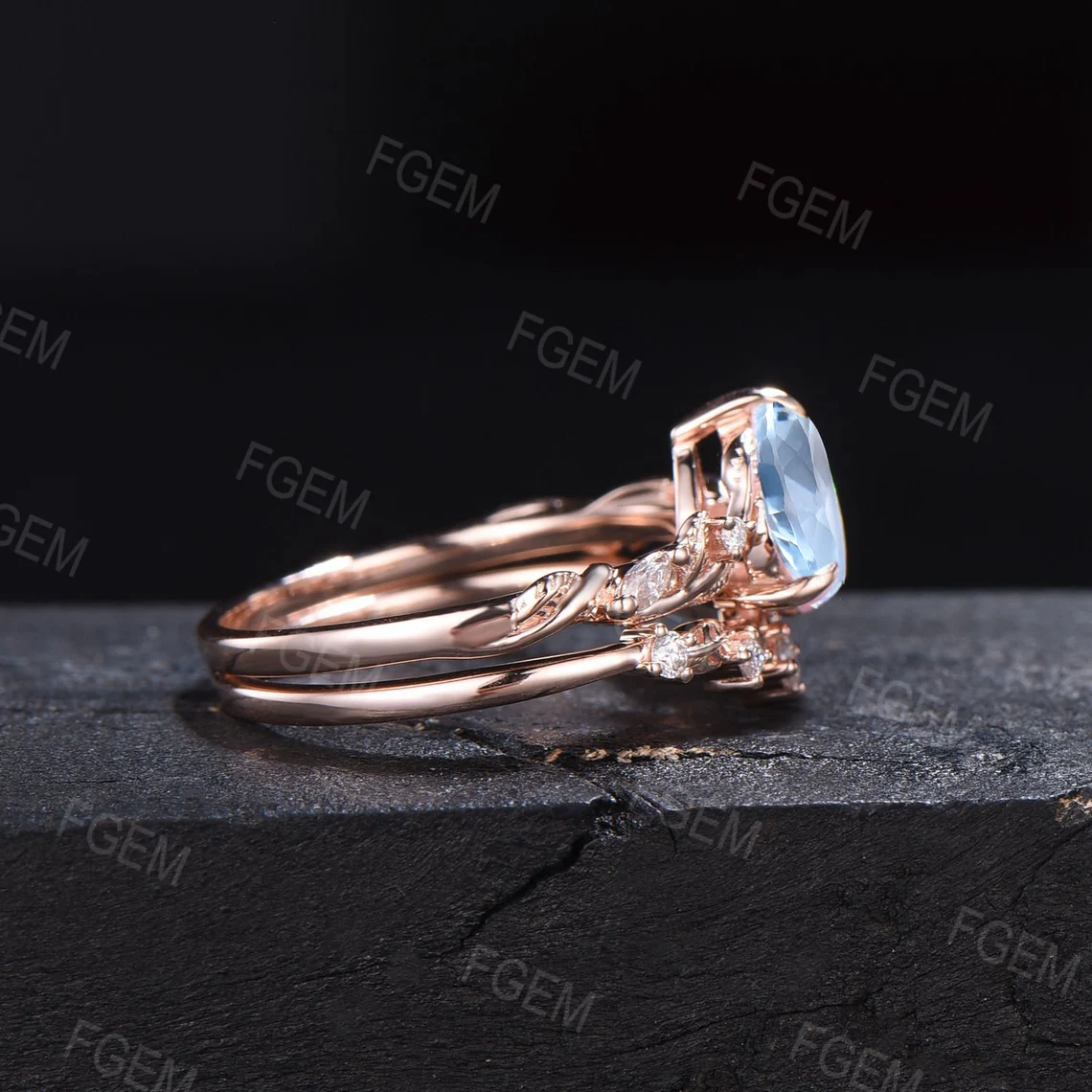 Nature Inspired Natural Aquamarine Moissanite Bridal Set 14K Rose Gold Pear Shaped Blue Aquamarine Branch Wedding Ring March Birthstone Gift