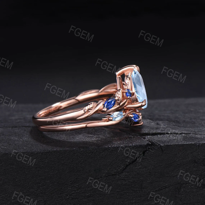 1.25ct Nature Inspired Natural Aquamarine Engagement Ring Twist Band March Birthstone Gift Blue Sapphire Wedding Ring Vine Branch Bridal Set