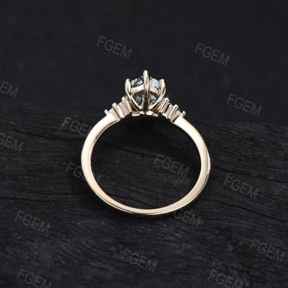 Long Hexagon Cut Natural Black Rutilated Quartz Engagement Ring Black Crystal Wedding Rings Vintage Black Stone Jewelry Anniversary Gifts