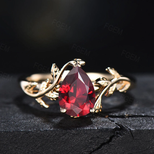 1.25ct Pear Shaped Ruby Gemstone Jewelry 14K Yellow Gold Twig Leaf Ruby Engagement Rings Anniversary Ring For Women July Birthstone Gift