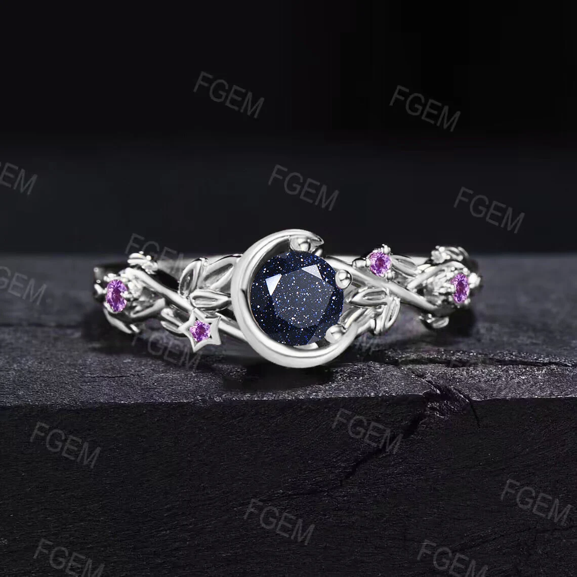 Nature Inspired Galaxy Blue Goldstone Amethyst Engagement Ring Moon Star Design Round Blue Sandstone Ring Branch Leaf Amethyst Wedding Rings